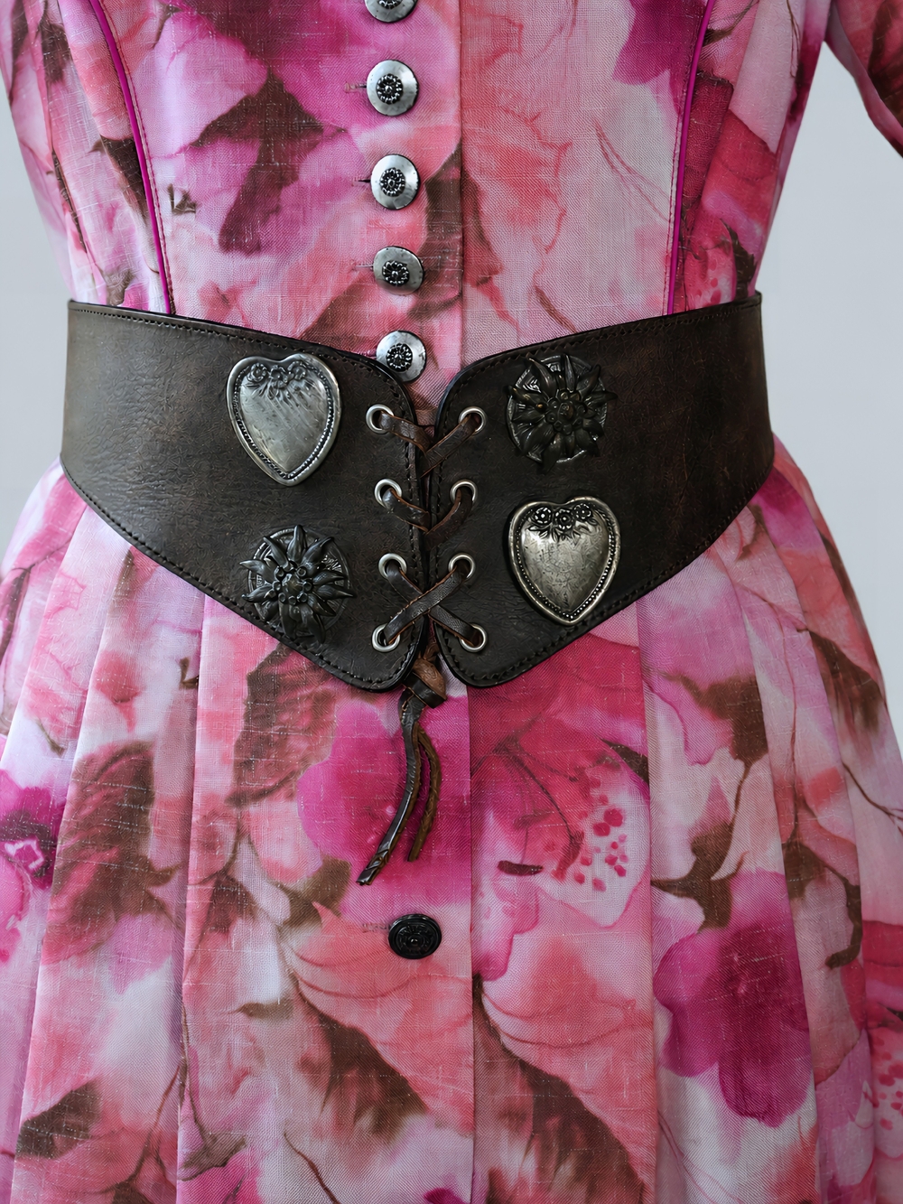 Vintage Pink Floral Midi Dress with Puff Sleeves and Belt, Cottagecore, Dirndl - Picture 4 of 11